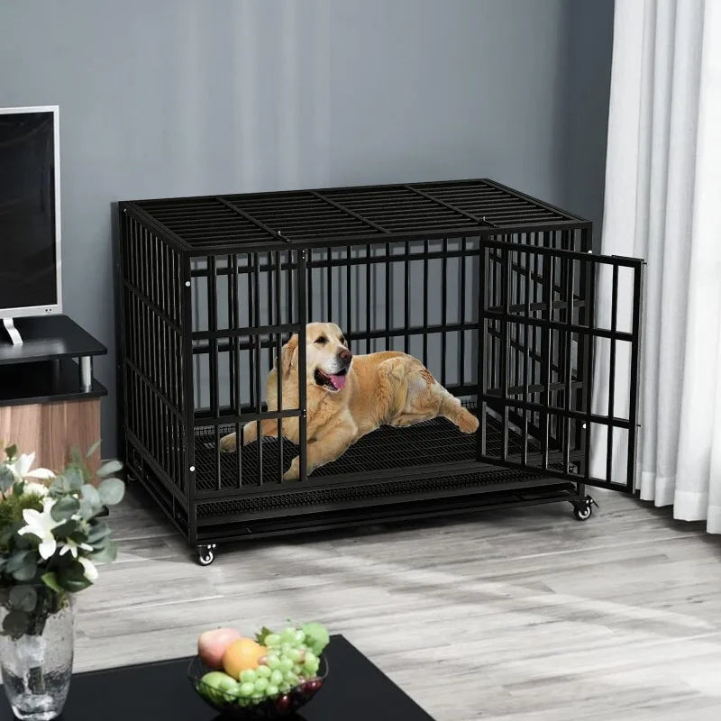 LEMBERI 48/38 inch Heavy Duty Indestructible Dog Crate, Escape Proof Dog Cage Kennel with Lockable Wheels