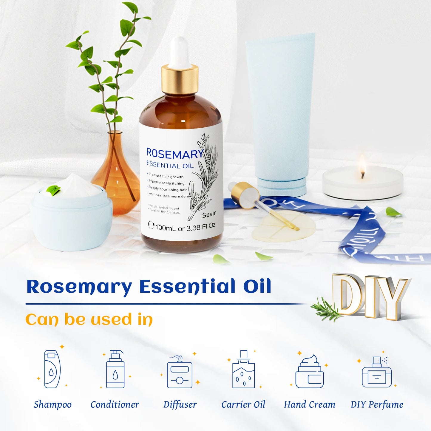 HIQILI Rosemary Jasmine Lavender Mint Essential Oils for Hair Care, increasing luster, Massage, Skin Care, Diffuser, Humidifier