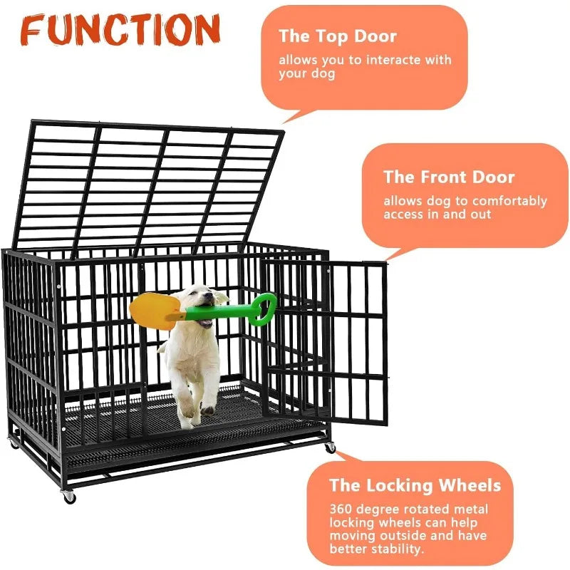 LEMBERI 48/38 inch Heavy Duty Indestructible Dog Crate, Escape Proof Dog Cage Kennel with Lockable Wheels